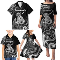 Personalised New Zealand Maori Taniwha Family Matching Puletasi and Hawaiian Shirt Silver Fern Black Version LT05 - Polynesian Pride