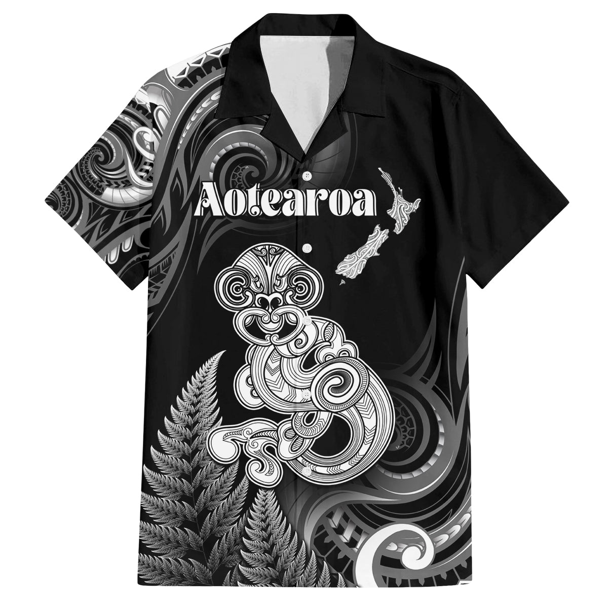 Personalised New Zealand Maori Taniwha Family Matching Puletasi and Hawaiian Shirt Silver Fern Black Version LT05 Dad's Shirt - Short Sleeve Black - Polynesian Pride
