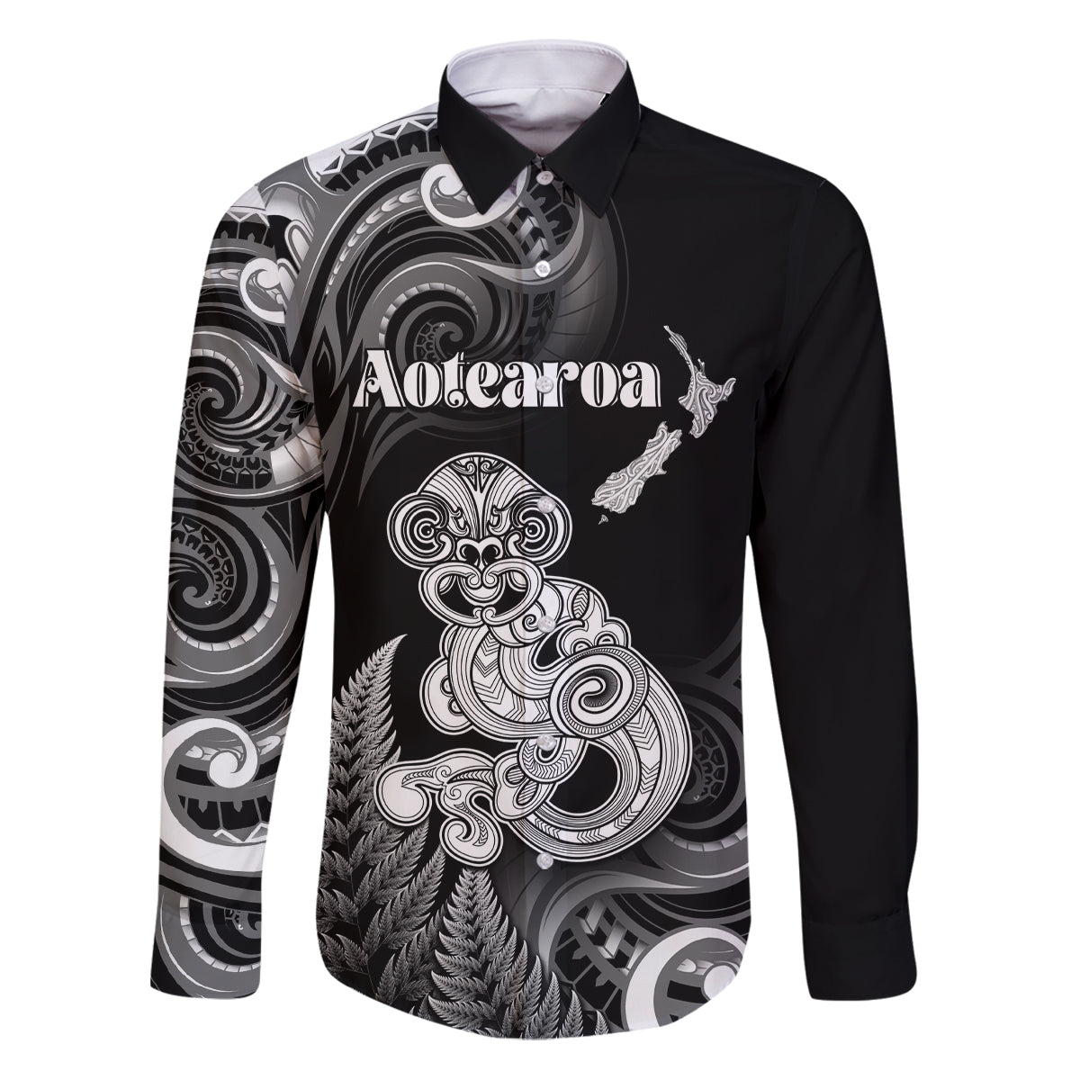 Personalised New Zealand Maori Taniwha Family Matching Puletasi and Hawaiian Shirt Silver Fern Black Version LT05 Dad's Shirt - Long Sleeve Black - Polynesian Pride