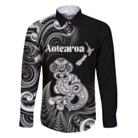 Personalised New Zealand Maori Taniwha Family Matching Puletasi and Hawaiian Shirt Silver Fern Black Version LT05 Dad's Shirt - Long Sleeve Black - Polynesian Pride