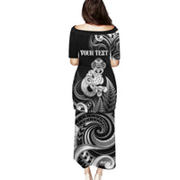 Personalised New Zealand Maori Taniwha Family Matching Puletasi and Hawaiian Shirt Silver Fern Black Version LT05 - Polynesian Pride