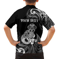 Personalised New Zealand Maori Taniwha Family Matching Short Sleeve Bodycon Dress and Hawaiian Shirt Silver Fern Black Version LT05 - Polynesian Pride