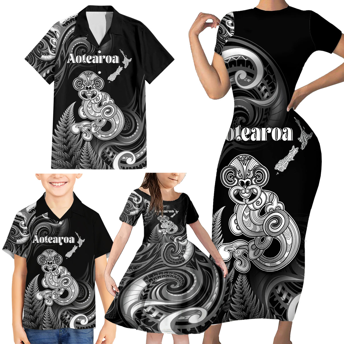 Personalised New Zealand Maori Taniwha Family Matching Short Sleeve Bodycon Dress and Hawaiian Shirt Silver Fern Black Version LT05 - Polynesian Pride