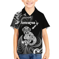 Personalised New Zealand Maori Taniwha Family Matching Short Sleeve Bodycon Dress and Hawaiian Shirt Silver Fern Black Version LT05 Son's Shirt Black - Polynesian Pride
