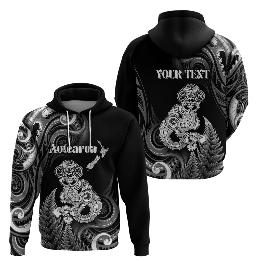 Personalised New Zealand Maori Taniwha Hoodie Silver Fern Black Version
