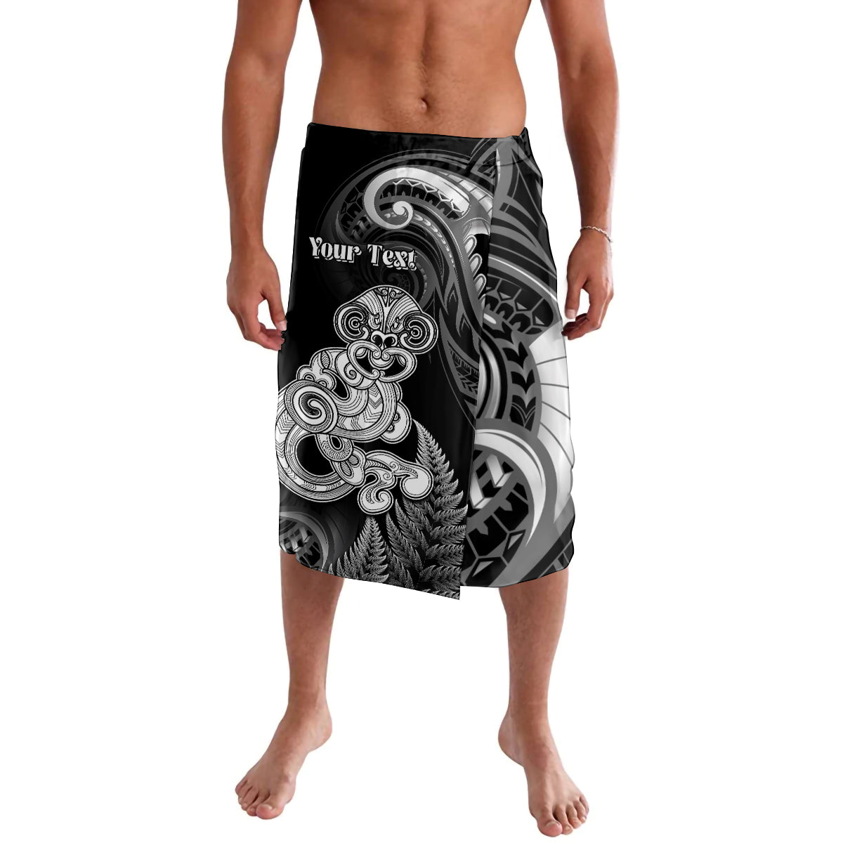 Personalised New Zealand Maori Taniwha Lavalava Silver Fern Black Version