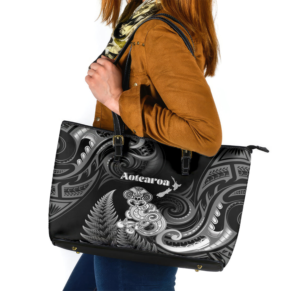 New Zealand Maori Taniwha Leather Tote Bag Silver Fern Black Version