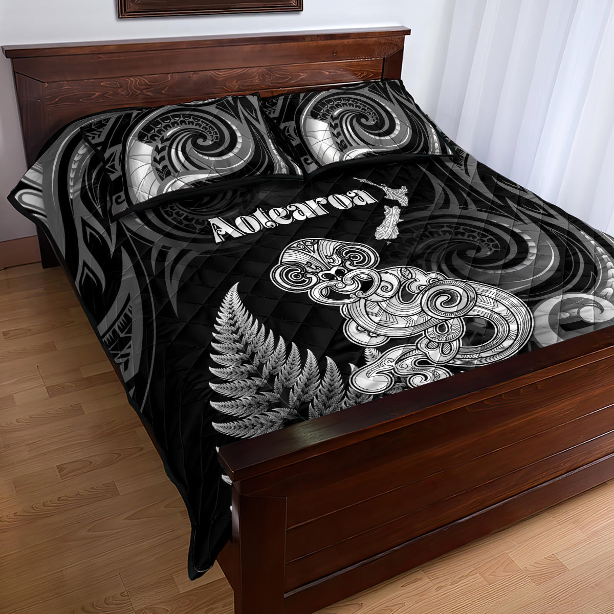 New Zealand Maori Taniwha Quilt Bed Set Silver Fern Black Version