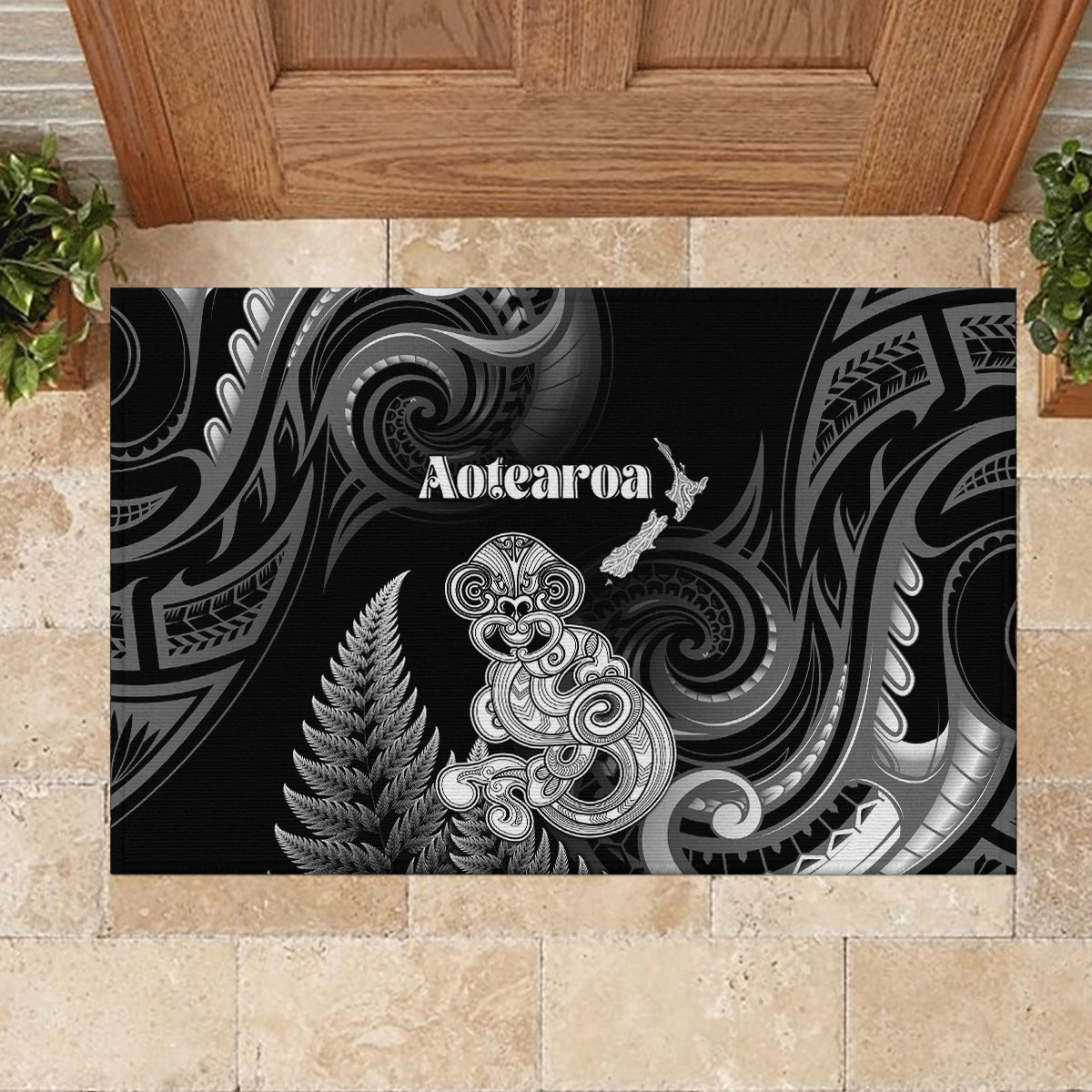 New Zealand Maori Taniwha Rubber Doormat Silver Fern Black Version