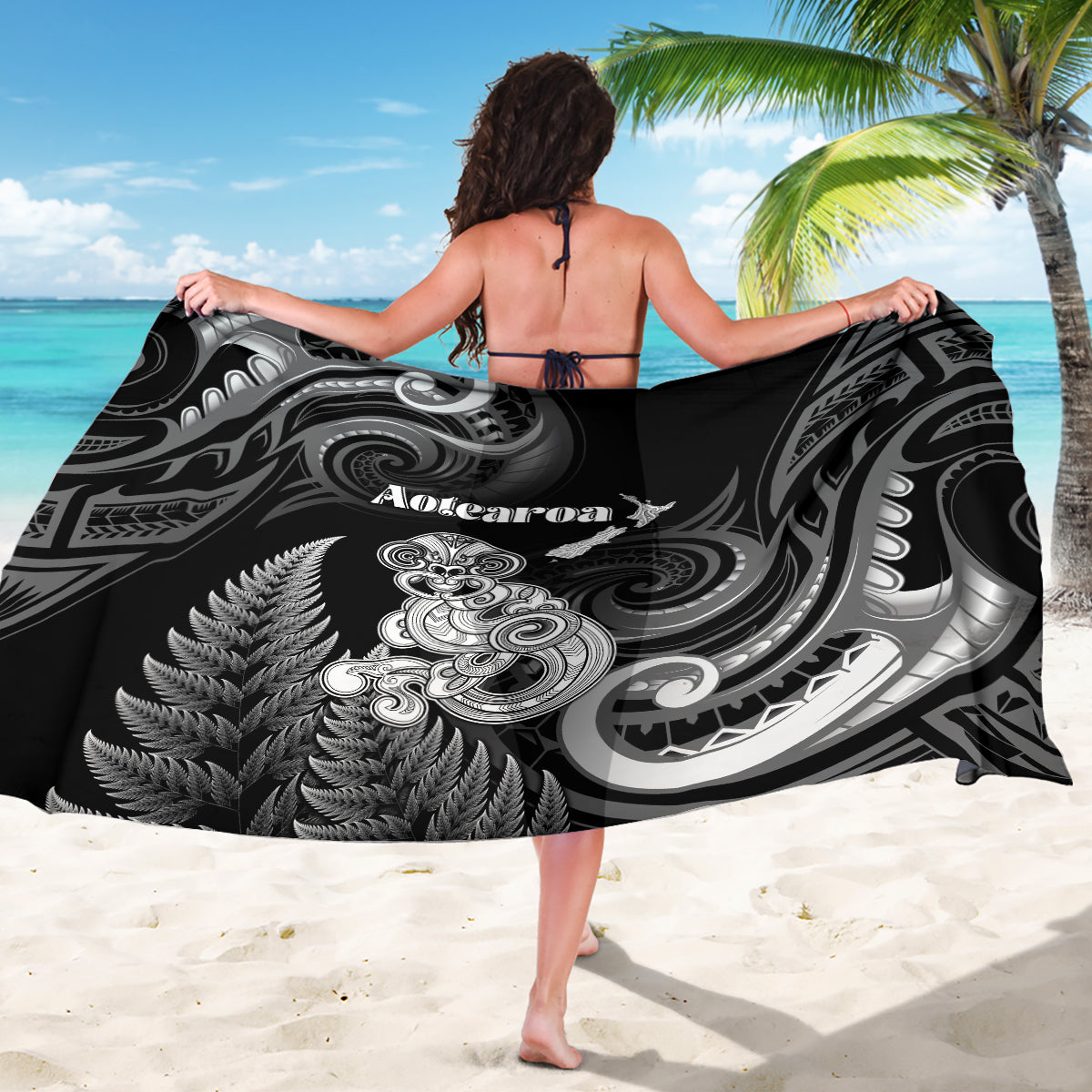 New Zealand Maori Taniwha Sarong Silver Fern Black Version
