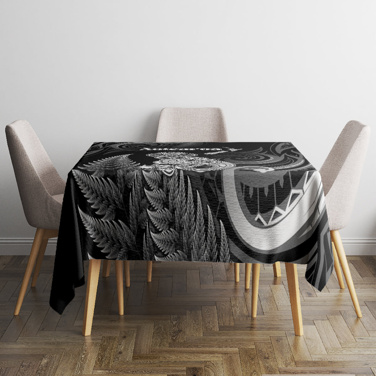 New Zealand Maori Taniwha Tablecloth Silver Fern Black Version