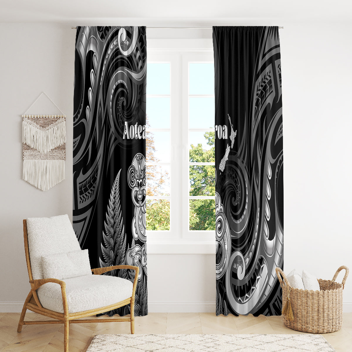 New Zealand Maori Taniwha Window Curtain Silver Fern Black Version
