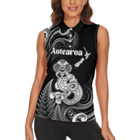 Personalised New Zealand Maori Taniwha Women Sleeveless Polo Shirt Silver Fern Black Version