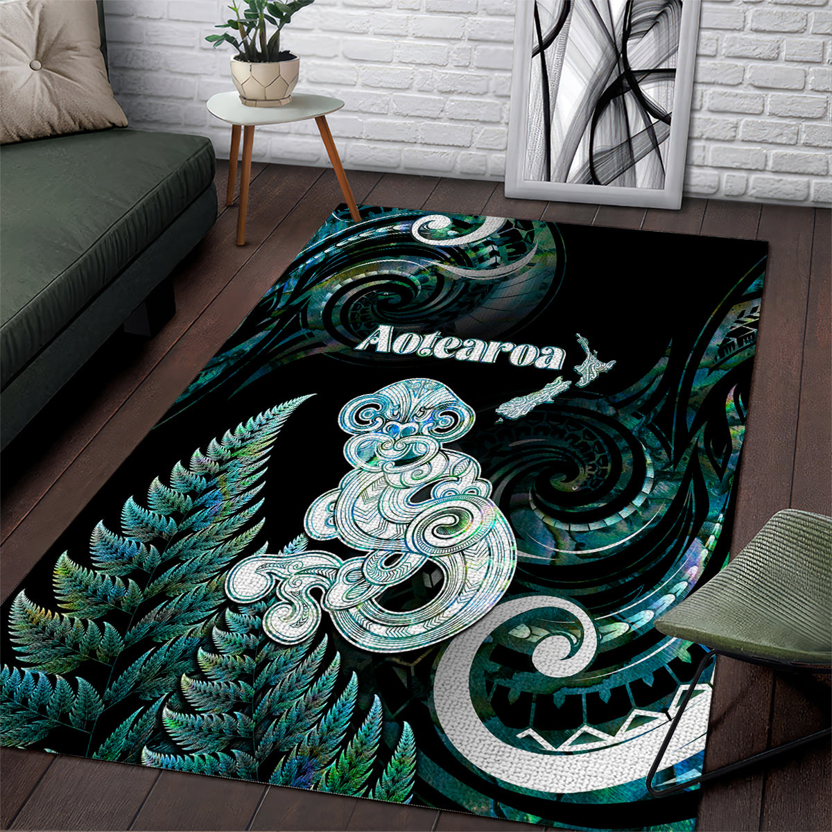 New Zealand Maori Taniwha Area Rug Silver Fern Paua Shell Version