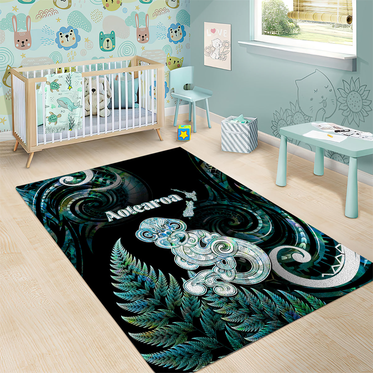 New Zealand Maori Taniwha Area Rug Silver Fern Paua Shell Version