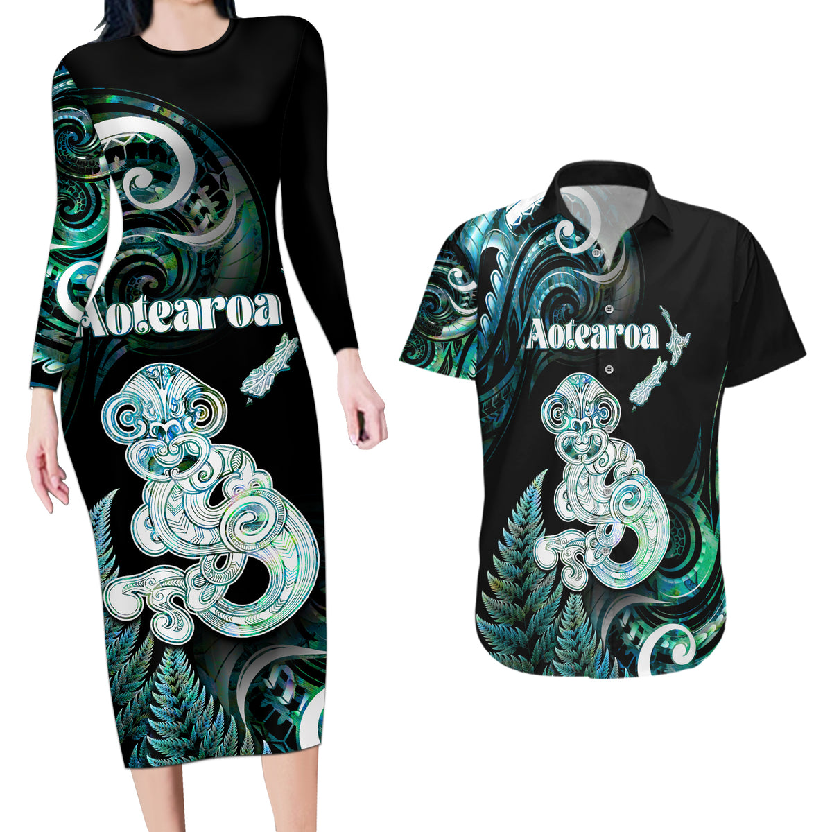 Personalised New Zealand Maori Taniwha Couples Matching Long Sleeve Bodycon Dress and Hawaiian Shirt Silver Fern Paua Shell Version LT05 Turquoise - Polynesian Pride