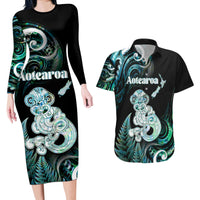 Personalised New Zealand Maori Taniwha Couples Matching Long Sleeve Bodycon Dress and Hawaiian Shirt Silver Fern Paua Shell Version LT05 Turquoise - Polynesian Pride