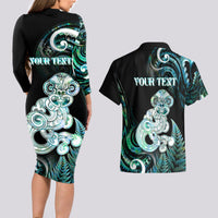 Personalised New Zealand Maori Taniwha Couples Matching Long Sleeve Bodycon Dress and Hawaiian Shirt Silver Fern Paua Shell Version LT05 - Polynesian Pride