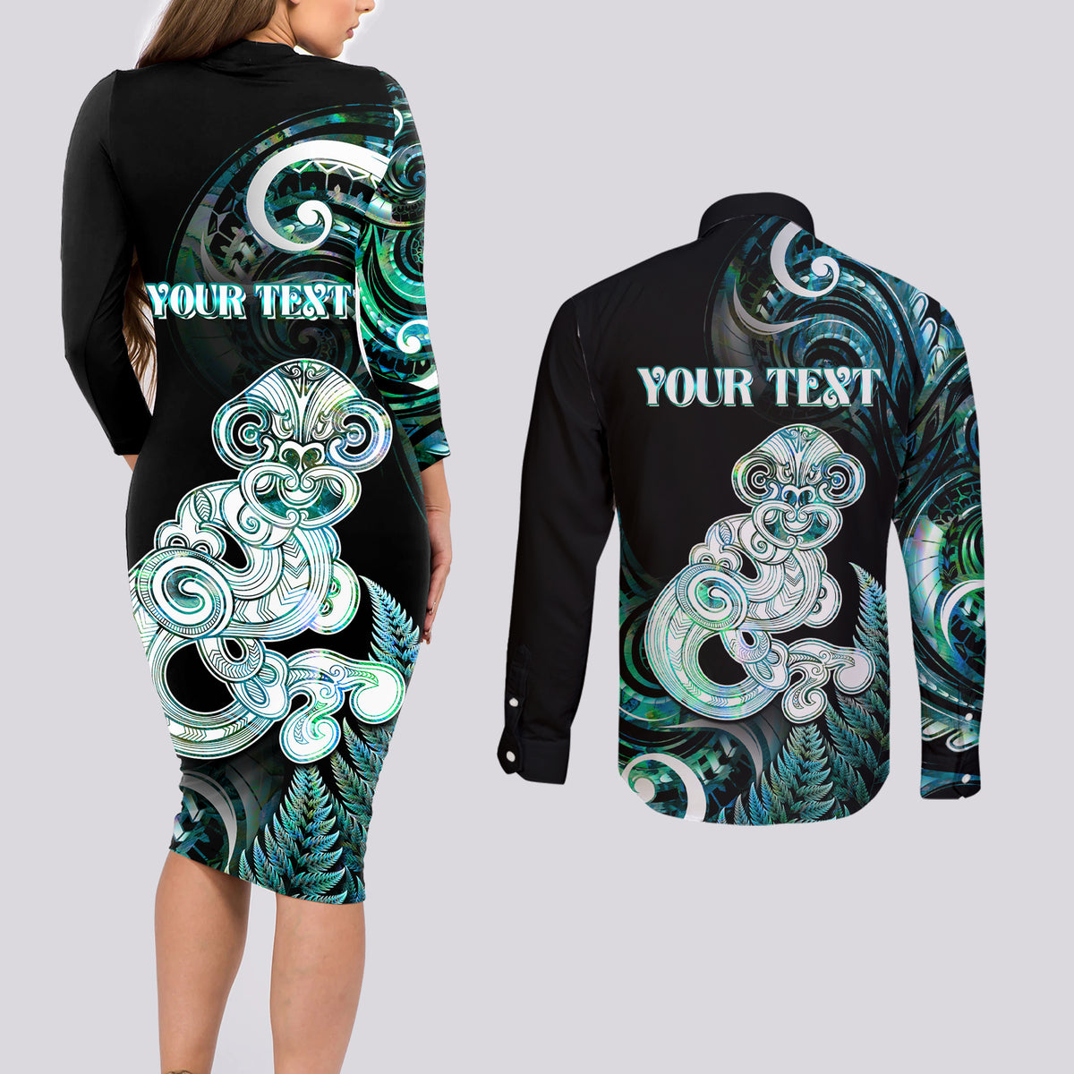 Personalised New Zealand Maori Taniwha Couples Matching Long Sleeve Bodycon Dress and Long Sleeve Button Shirt Silver Fern Paua Shell Version LT05 - Polynesian Pride