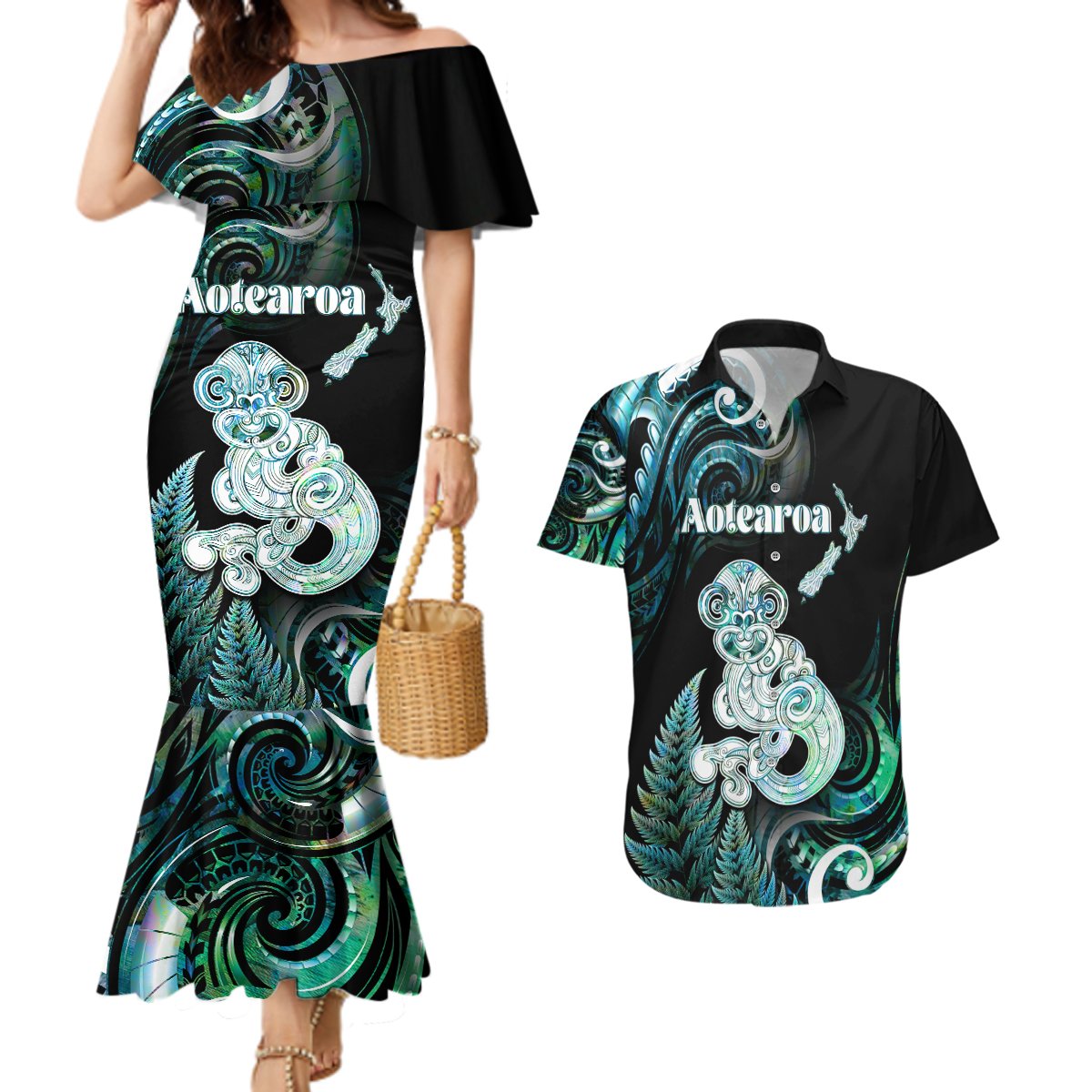 Personalised New Zealand Maori Taniwha Couples Matching Mermaid Dress and Hawaiian Shirt Silver Fern Paua Shell Version LT05 Turquoise - Polynesian Pride