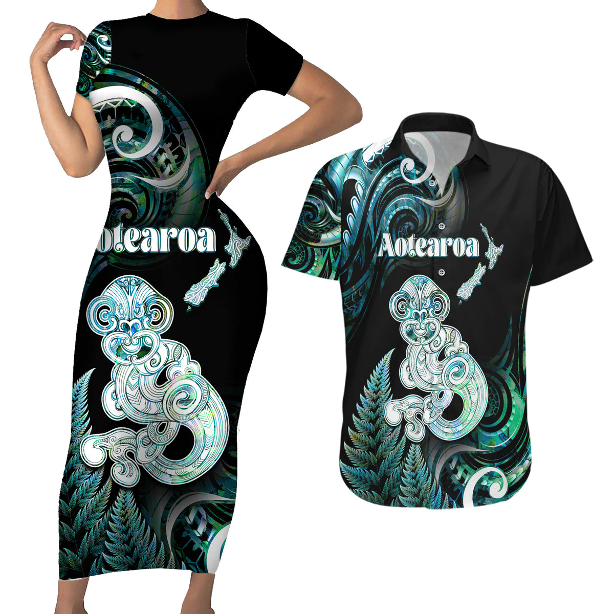 Personalised New Zealand Maori Taniwha Couples Matching Short Sleeve Bodycon Dress and Hawaiian Shirt Silver Fern Paua Shell Version LT05 Turquoise - Polynesian Pride