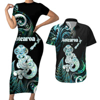 Personalised New Zealand Maori Taniwha Couples Matching Short Sleeve Bodycon Dress and Hawaiian Shirt Silver Fern Paua Shell Version LT05 Turquoise - Polynesian Pride