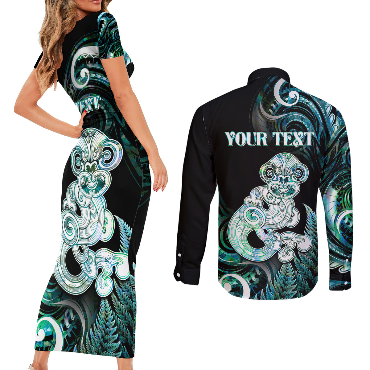 Personalised New Zealand Maori Taniwha Couples Matching Short Sleeve Bodycon Dress and Long Sleeve Button Shirt Silver Fern Paua Shell Version LT05 - Polynesian Pride