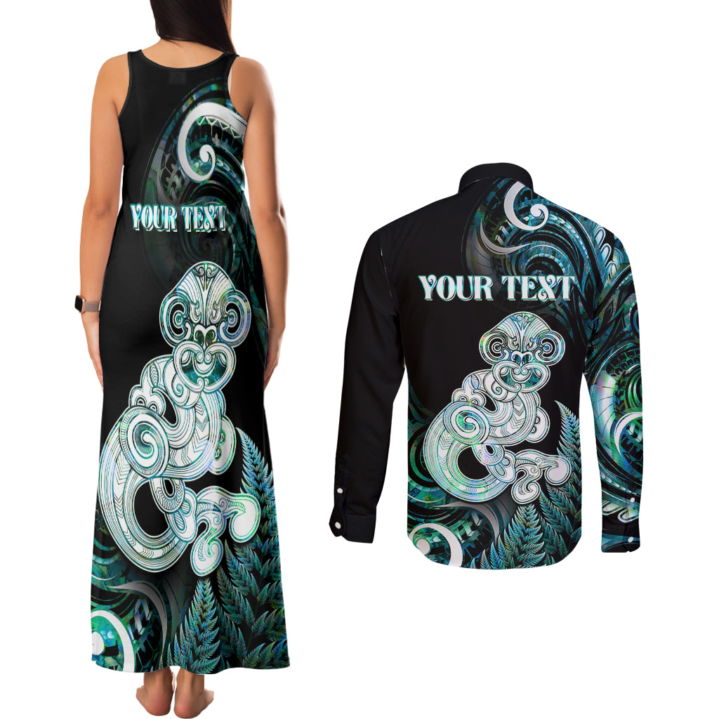 Personalised New Zealand Maori Taniwha Couples Matching Tank Maxi Dress and Long Sleeve Button Shirt Silver Fern Paua Shell Version LT05 - Polynesian Pride