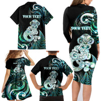 Personalised New Zealand Maori Taniwha Family Matching Long Sleeve Bodycon Dress and Hawaiian Shirt Silver Fern Paua Shell Version LT05 - Polynesian Pride