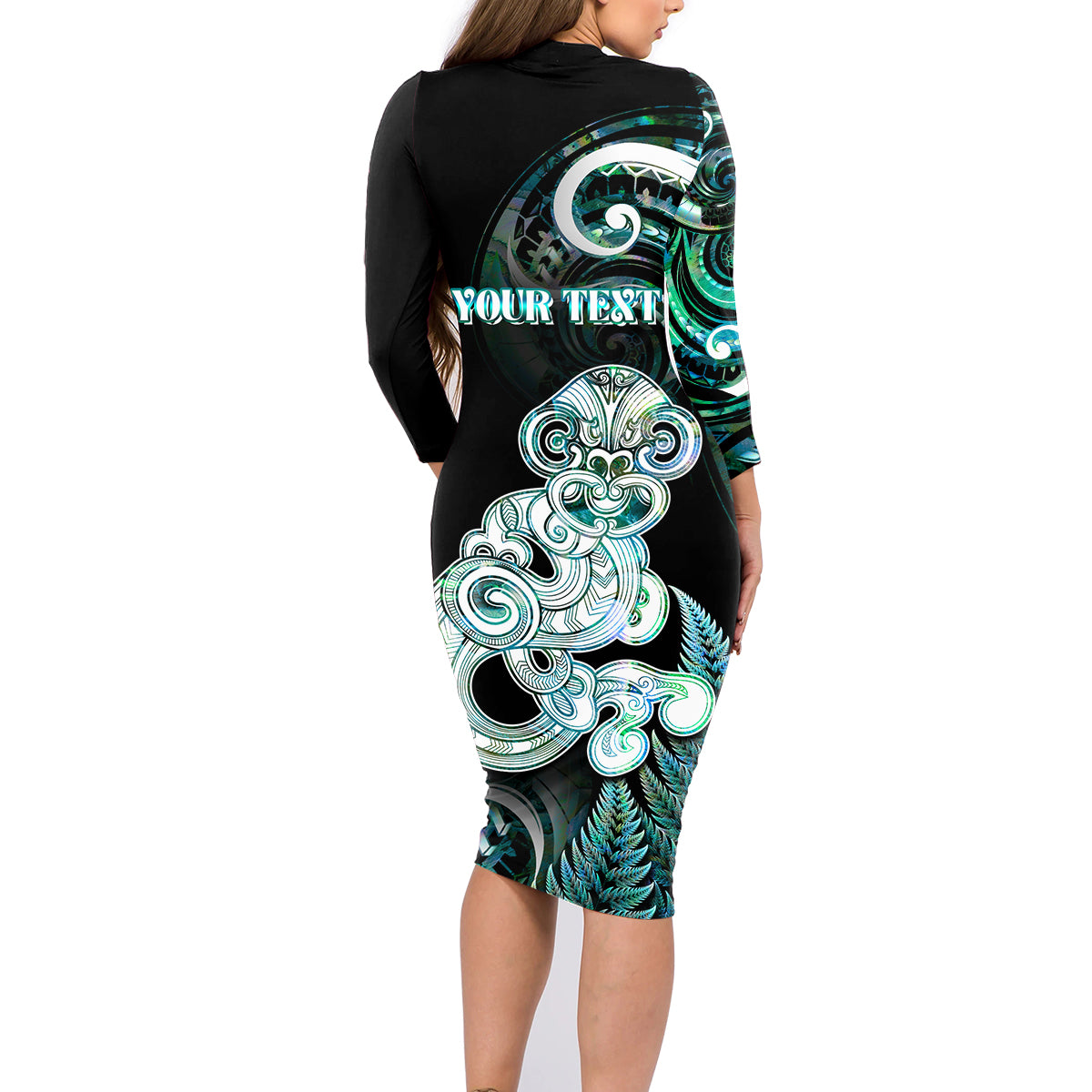 Personalised New Zealand Maori Taniwha Family Matching Long Sleeve Bodycon Dress and Hawaiian Shirt Silver Fern Paua Shell Version LT05 - Polynesian Pride