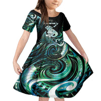Personalised New Zealand Maori Taniwha Family Matching Mermaid Dress and Hawaiian Shirt Silver Fern Paua Shell Version LT05 Daughter's Dress Turquoise - Polynesian Pride