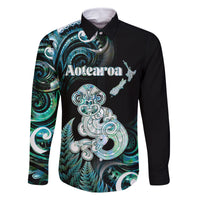 Personalised New Zealand Maori Taniwha Family Matching Mermaid Dress and Hawaiian Shirt Silver Fern Paua Shell Version LT05 Dad's Shirt - Long Sleeve Turquoise - Polynesian Pride