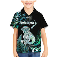 Personalised New Zealand Maori Taniwha Family Matching Mermaid Dress and Hawaiian Shirt Silver Fern Paua Shell Version LT05 Son's Shirt Turquoise - Polynesian Pride