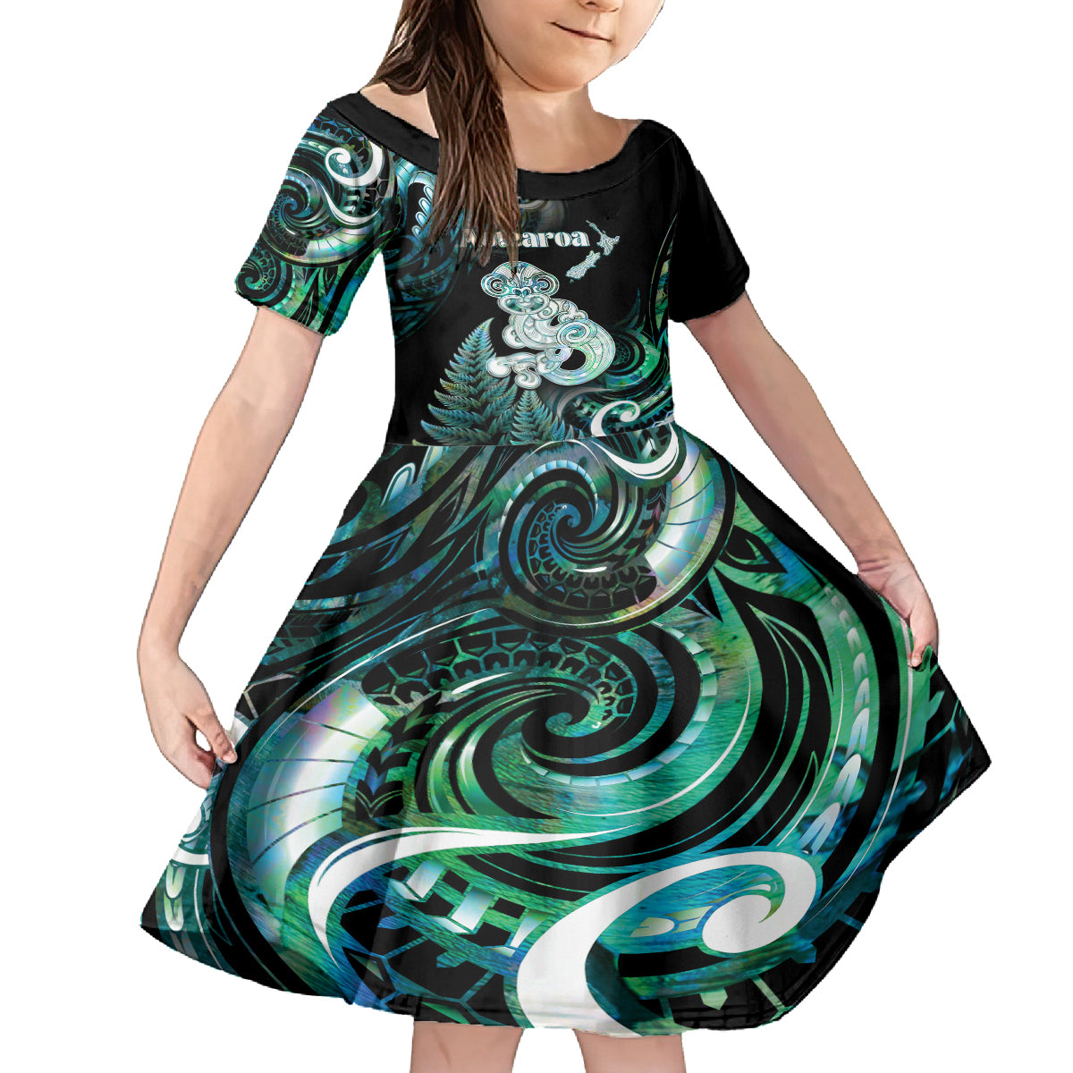 Personalised New Zealand Maori Taniwha Family Matching Puletasi and Hawaiian Shirt Silver Fern Paua Shell Version LT05 Daughter's Dress Turquoise - Polynesian Pride