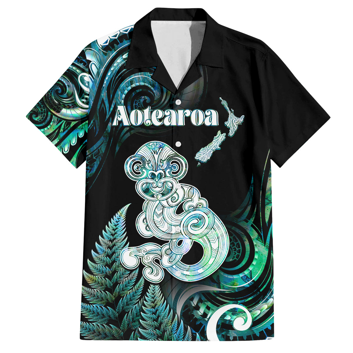 Personalised New Zealand Maori Taniwha Family Matching Puletasi and Hawaiian Shirt Silver Fern Paua Shell Version LT05 Dad's Shirt - Short Sleeve Turquoise - Polynesian Pride