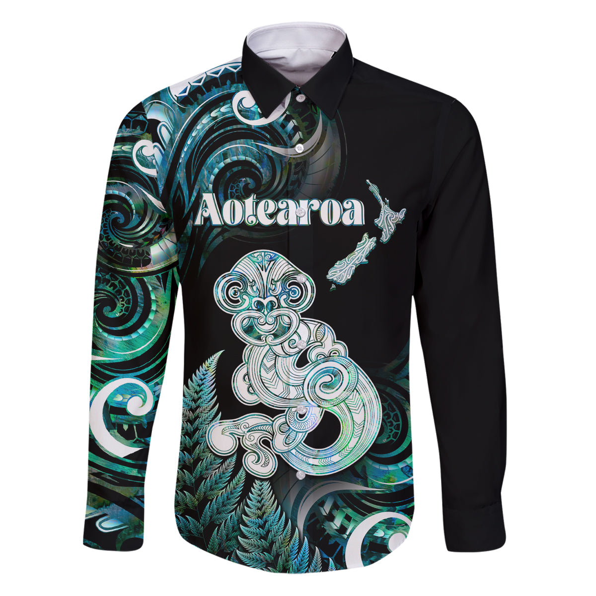 Personalised New Zealand Maori Taniwha Family Matching Puletasi and Hawaiian Shirt Silver Fern Paua Shell Version LT05 Dad's Shirt - Long Sleeve Turquoise - Polynesian Pride
