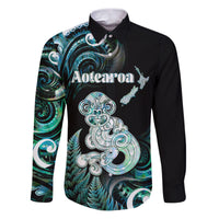 Personalised New Zealand Maori Taniwha Family Matching Puletasi and Hawaiian Shirt Silver Fern Paua Shell Version LT05 Dad's Shirt - Long Sleeve Turquoise - Polynesian Pride