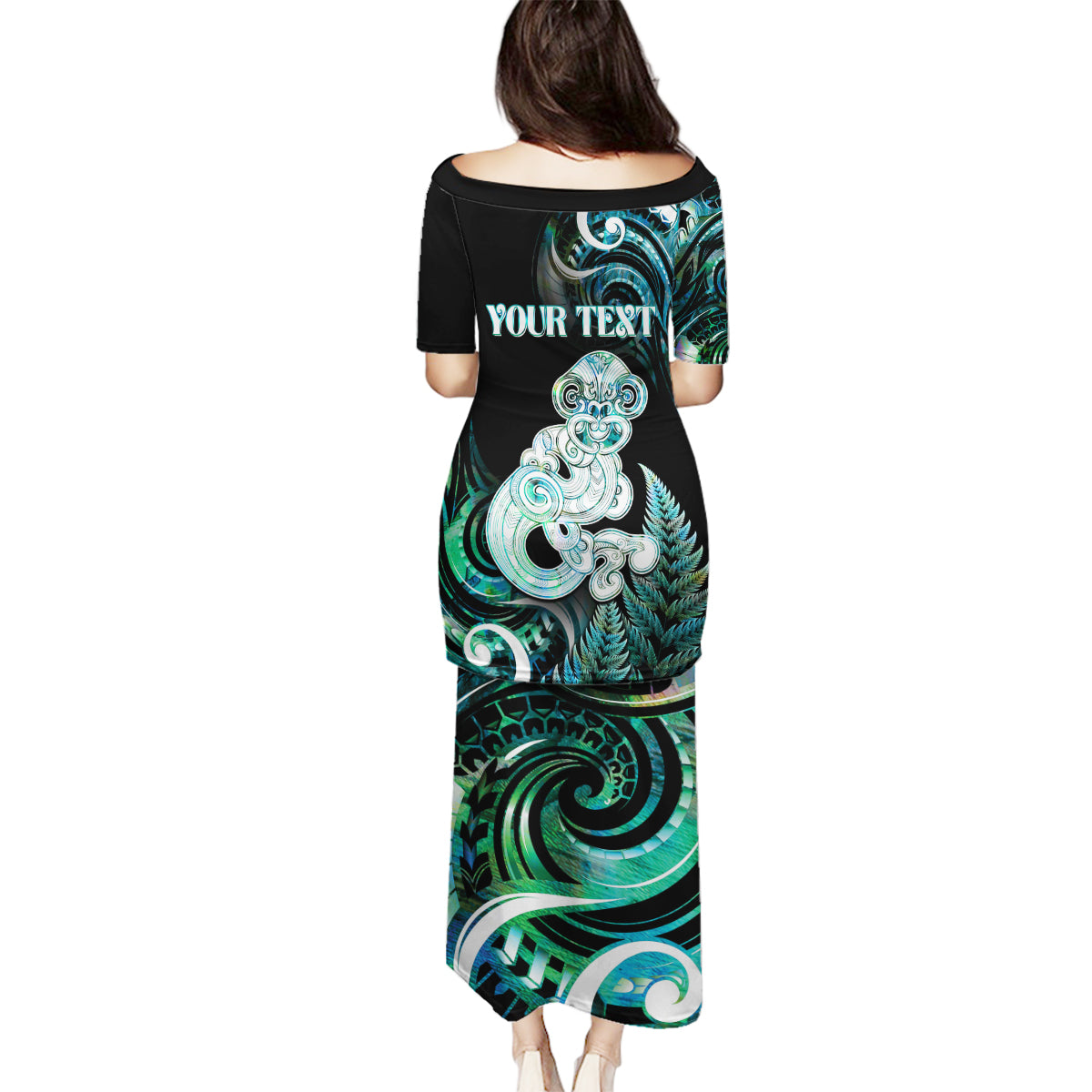 Personalised New Zealand Maori Taniwha Family Matching Puletasi and Hawaiian Shirt Silver Fern Paua Shell Version LT05 - Polynesian Pride