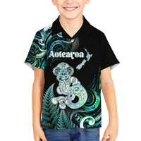 Personalised New Zealand Maori Taniwha Family Matching Puletasi and Hawaiian Shirt Silver Fern Paua Shell Version LT05 Son's Shirt Turquoise - Polynesian Pride