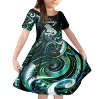 Personalised New Zealand Maori Taniwha Family Matching Short Sleeve Bodycon Dress and Hawaiian Shirt Silver Fern Paua Shell Version LT05 Daughter's Dress Turquoise - Polynesian Pride