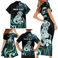 Personalised New Zealand Maori Taniwha Family Matching Short Sleeve Bodycon Dress and Hawaiian Shirt Silver Fern Paua Shell Version LT05 - Polynesian Pride