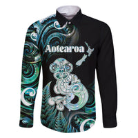 Personalised New Zealand Maori Taniwha Family Matching Short Sleeve Bodycon Dress and Hawaiian Shirt Silver Fern Paua Shell Version LT05 Dad's Shirt - Long Sleeve Turquoise - Polynesian Pride