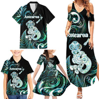 Personalised New Zealand Maori Taniwha Family Matching Summer Maxi Dress and Hawaiian Shirt Silver Fern Paua Shell Version