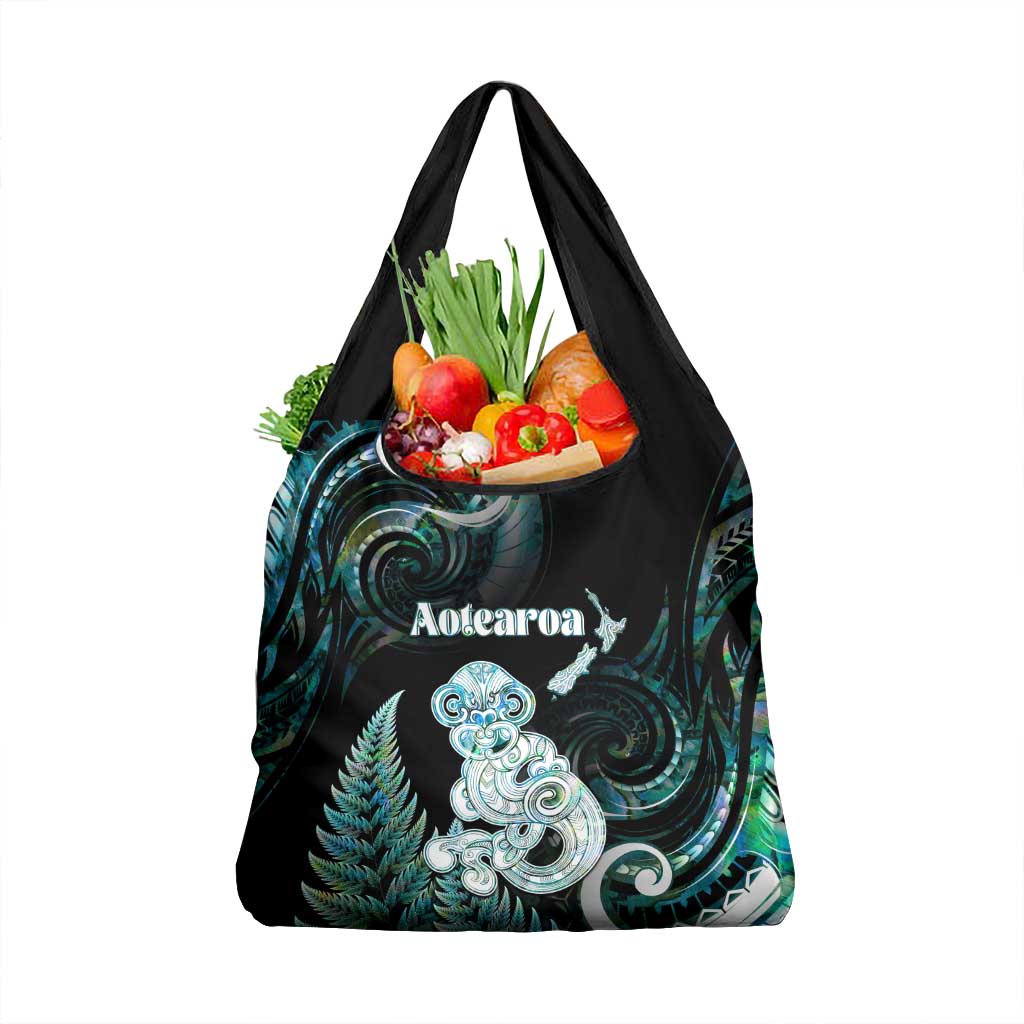 New Zealand Maori Taniwha Grocery Bag Silver Fern Paua Shell Version