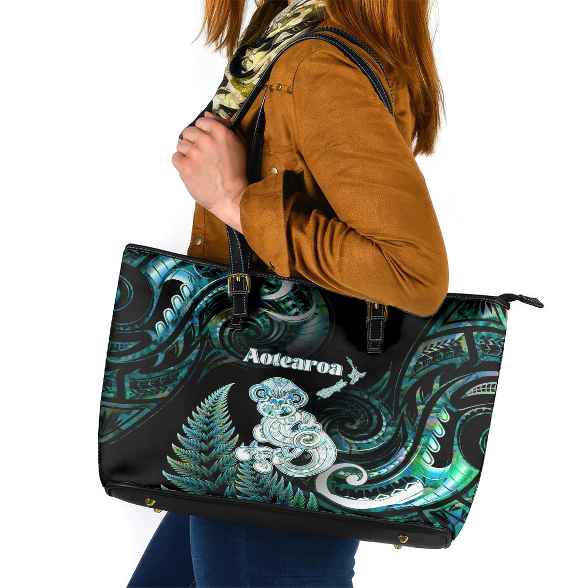 New Zealand Maori Taniwha Leather Tote Bag Silver Fern Paua Shell Version