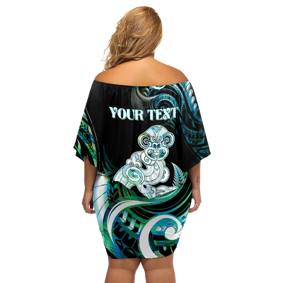 Personalised New Zealand Maori Taniwha Off Shoulder Short Dress Silver Fern Paua Shell Version