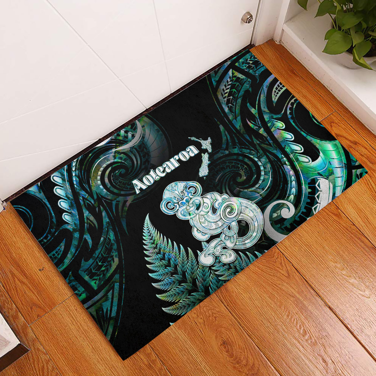 New Zealand Maori Taniwha Rubber Doormat Silver Fern Paua Shell Version