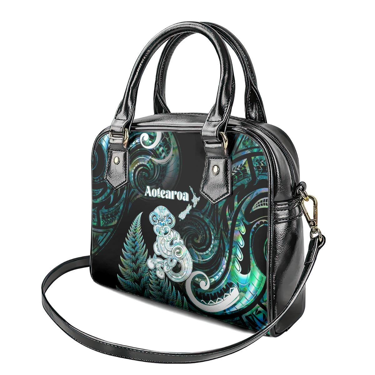 New Zealand Maori Taniwha Shoulder Handbag Silver Fern Paua Shell Version