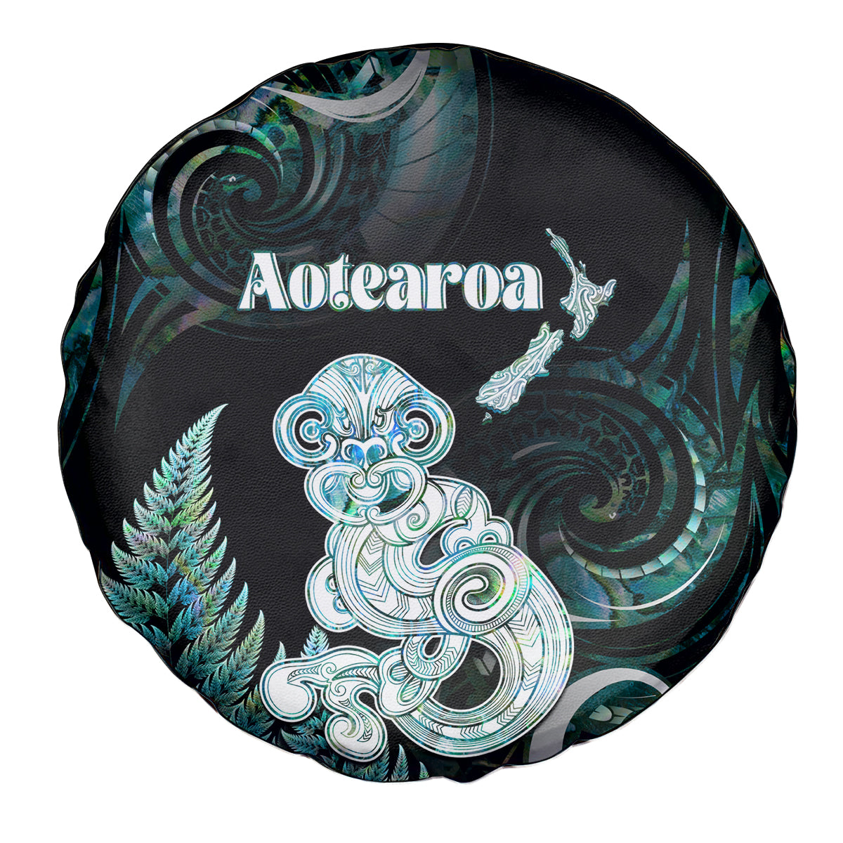 New Zealand Maori Taniwha Spare Tire Cover Silver Fern Paua Shell Version