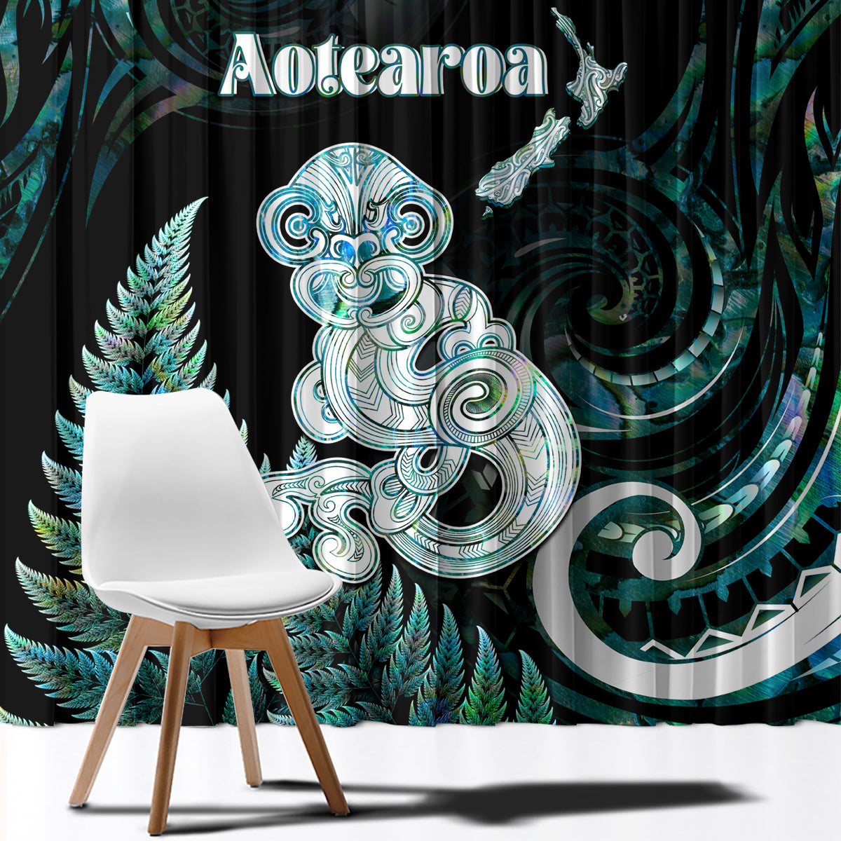New Zealand Maori Taniwha Window Curtain Silver Fern Paua Shell Version